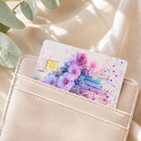 Pastel floral book card skin tucked into a cream leather card wallet with eucalyptus by The Sticker Era