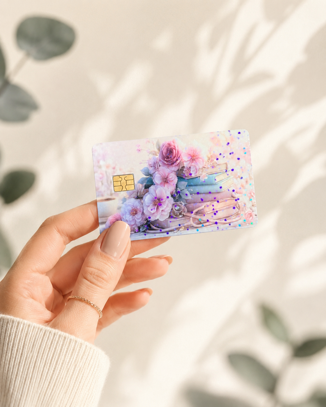  Hand holding a pastel floral book card skin against a white wall with soft leaf shadows by The Sticker Era