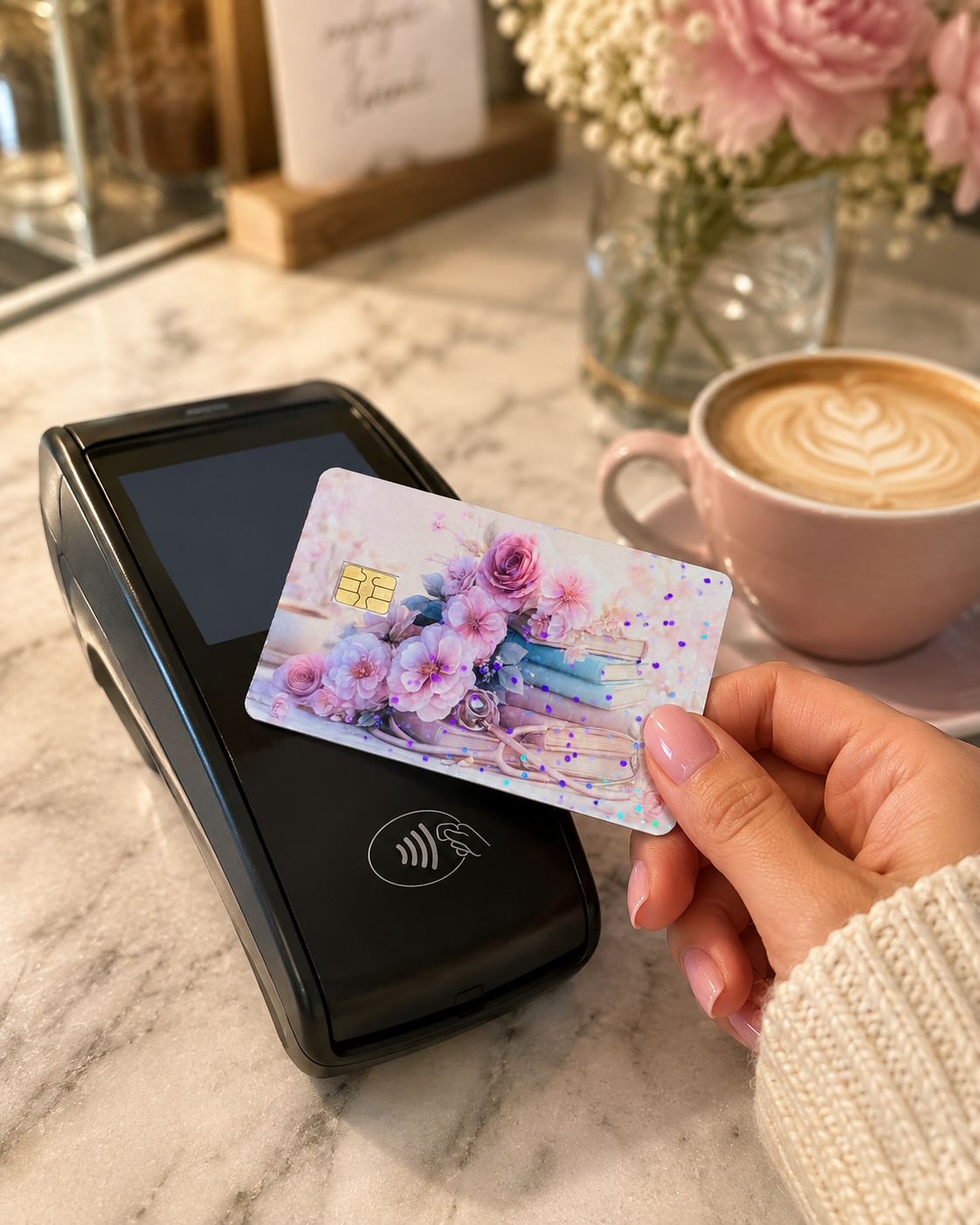 Hand holding a pastel floral book card skin by a black payment terminal with a latte and a pink peony by The Sticker Era