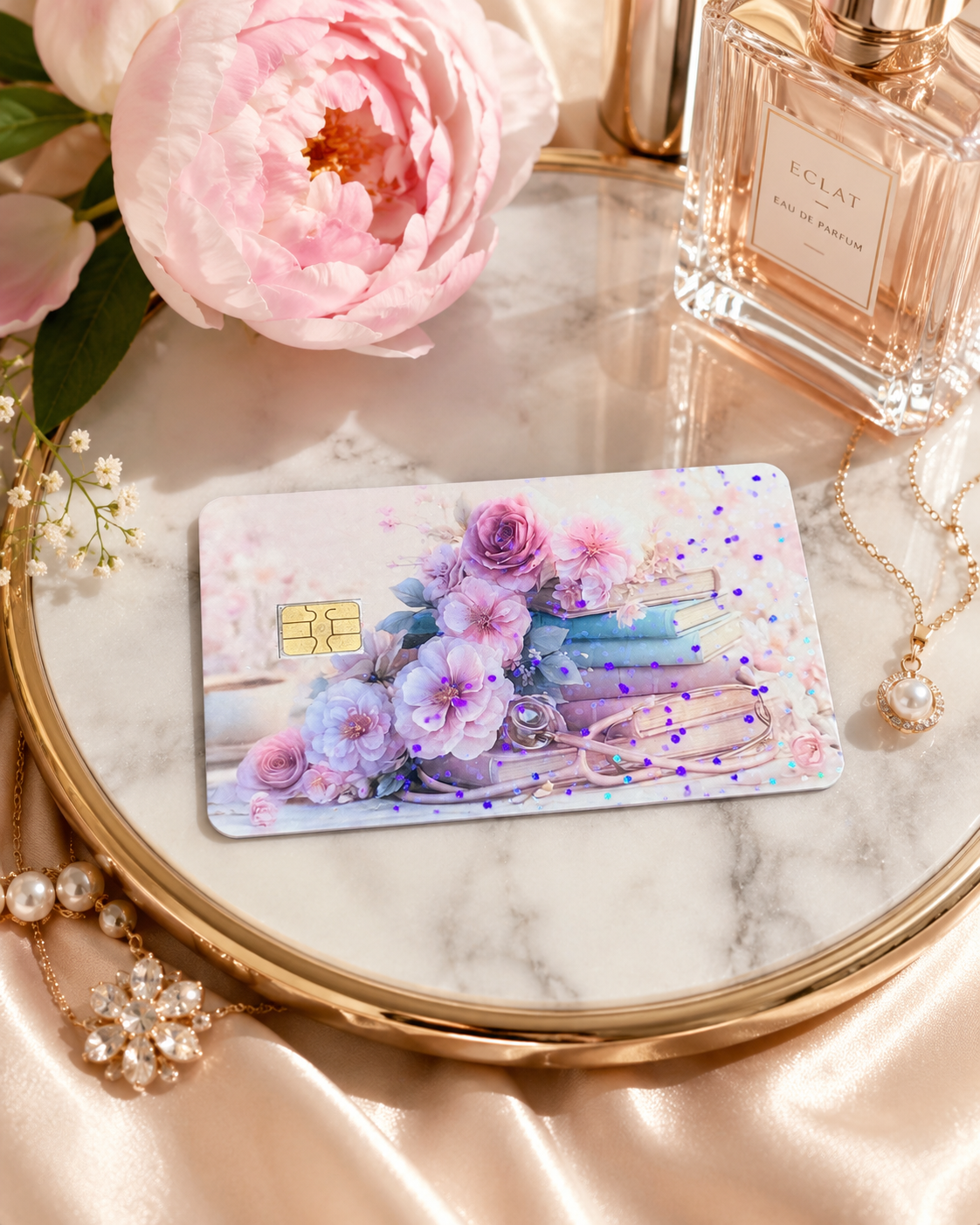 Pastel floral book card skin on a gold tray with a pink peony, pearls and a perfume bottle on blush satin by The Sticker Era
