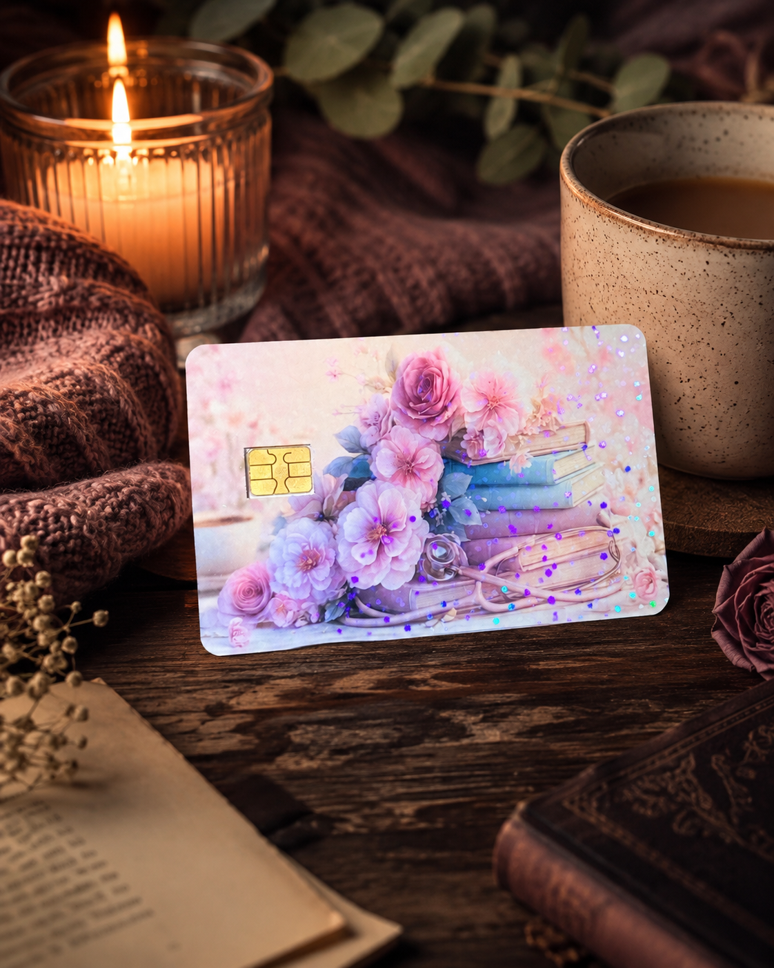 Pastel floral book card skin propped against a lit candle with a mug and an open book on dark wood by The Sticker Era