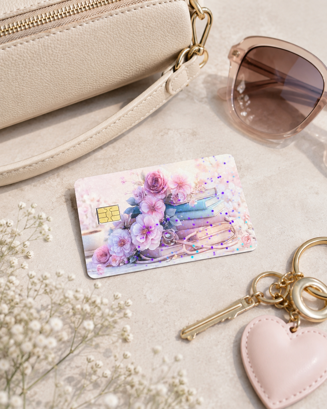 Pastel floral book card skin beside a cream handbag with sunglasses, keys and baby's breath by The Sticker Era