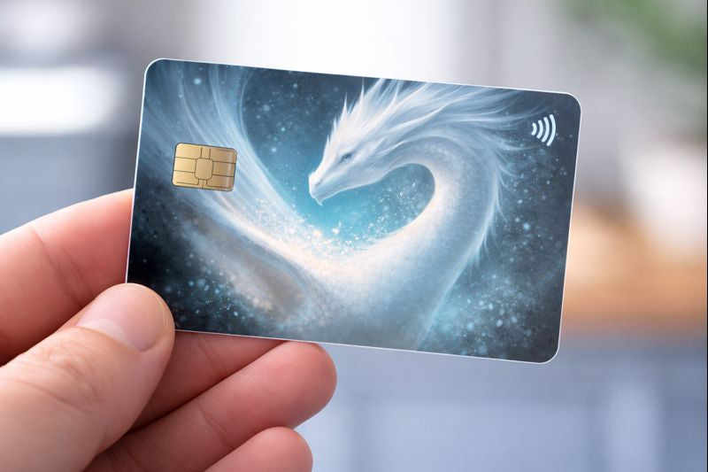 Cool fantasy aesthetic card cover features a magical blue ice dragon for winter vibes."