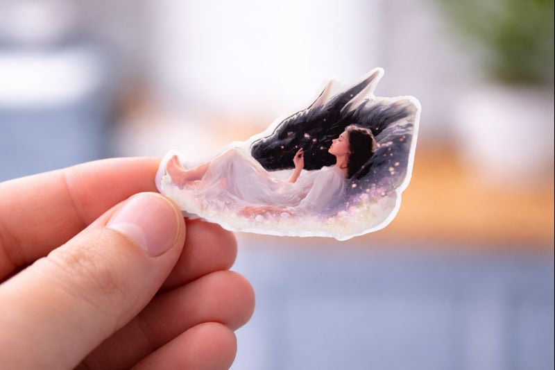 Romantasy aesthetic sticker, cozy sleeping girl and dragon companion decal.