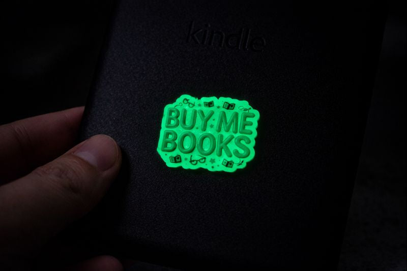 Funny night reader aesthetic sticker, glow in the dark bookish demand decal.