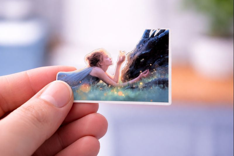 Girl and dragon gentle bond sticker handheld size reference by The Sticker Era