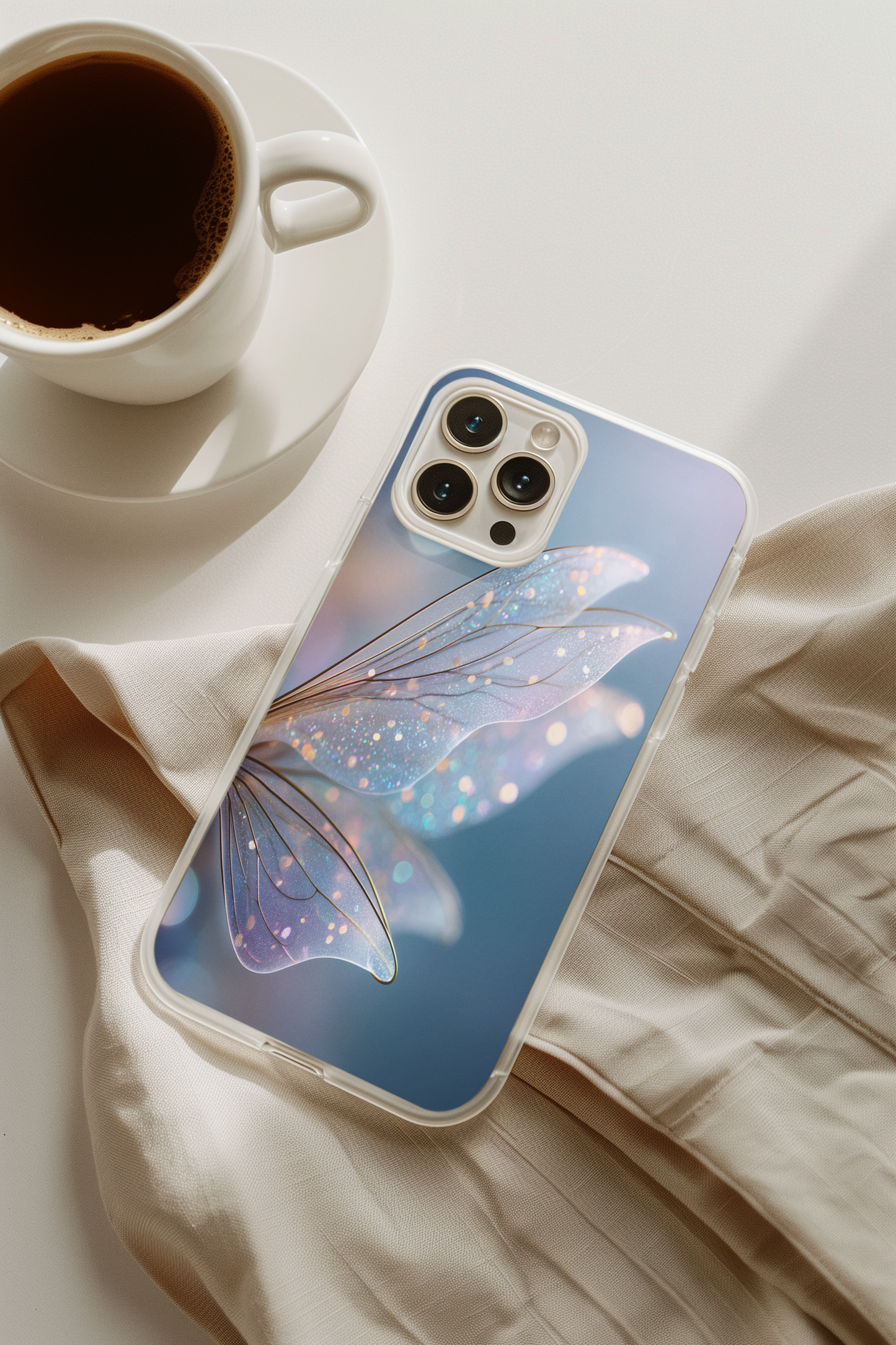 Close-up of delicate butterfly fairy wing phone insert design - soft whimsical art
