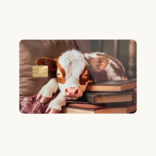 Sleepy baby cow resting on stack of books with cozy knit blanket brown and white calf debit card skin waterproof vinyl by The Sticker Era