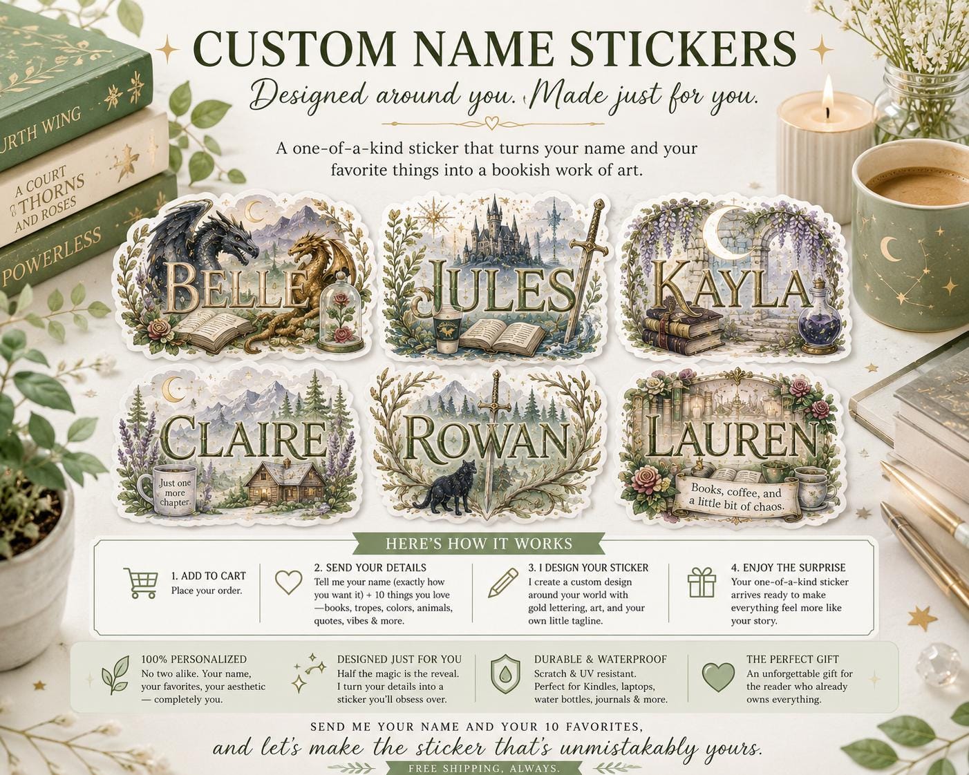 Custom Name Sticker, Personalized Bookish Romantasy Decal Designed From Your Favorite Books & Vibe __etsy:8117972096