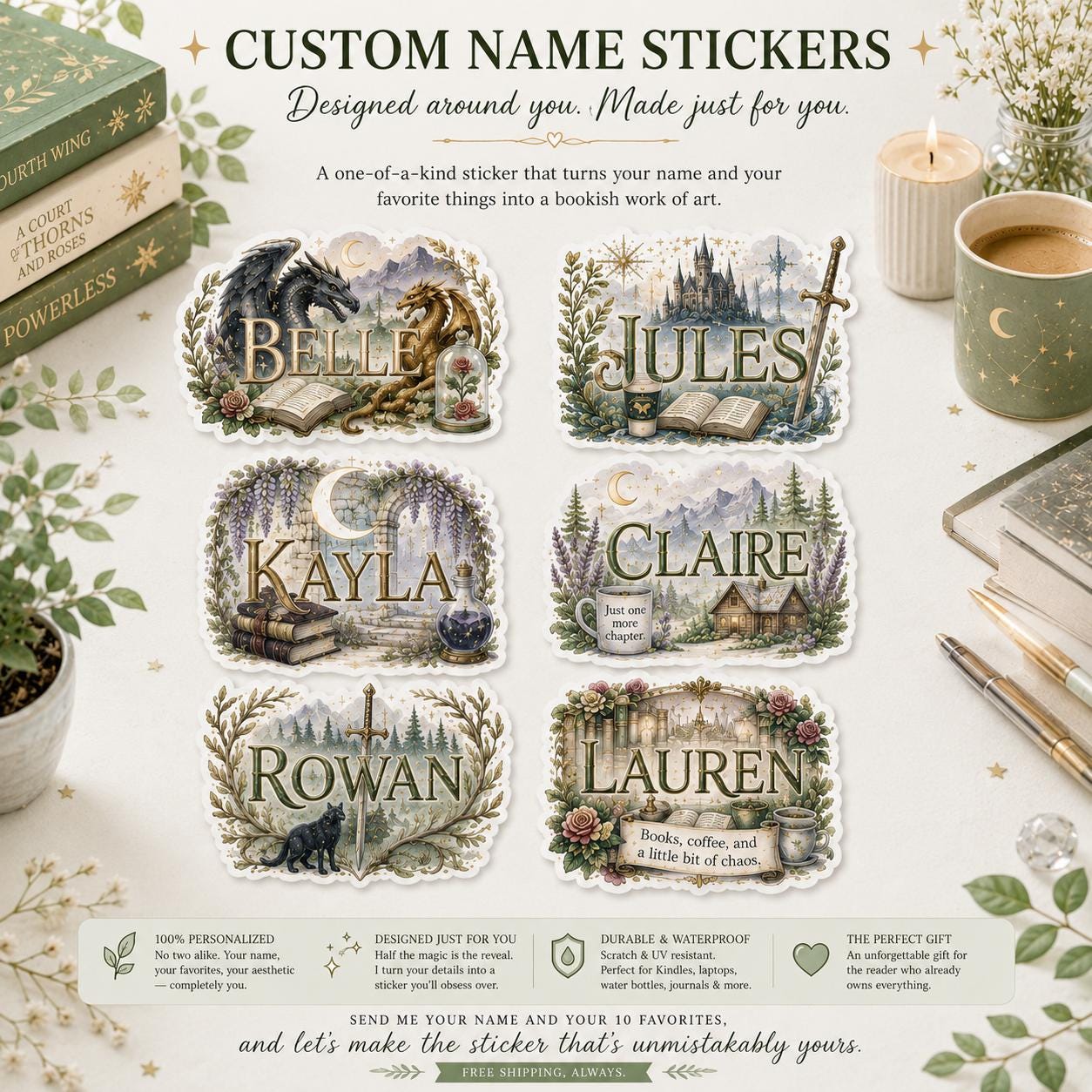 Custom Name Sticker, Personalized Bookish Romantasy Decal Designed From Your Favorite Books & Vibe __etsy:8165901147