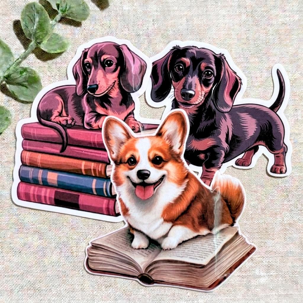 Dog Sticker Bundle – Corgi & Dachshund Bookish Vinyl Set of 3 __etsy:8108990882