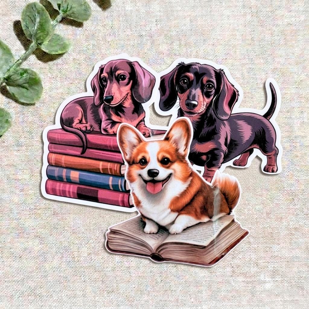Dog Sticker Bundle – Corgi & Dachshund Bookish Vinyl Set of 3 __etsy:8156896669