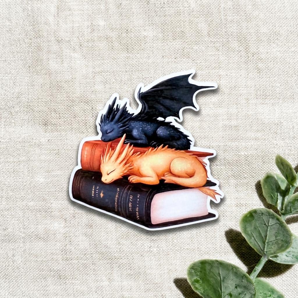 Dragon Book Lover Sticker, Cozy Fantasy Art __etsy:8109702070