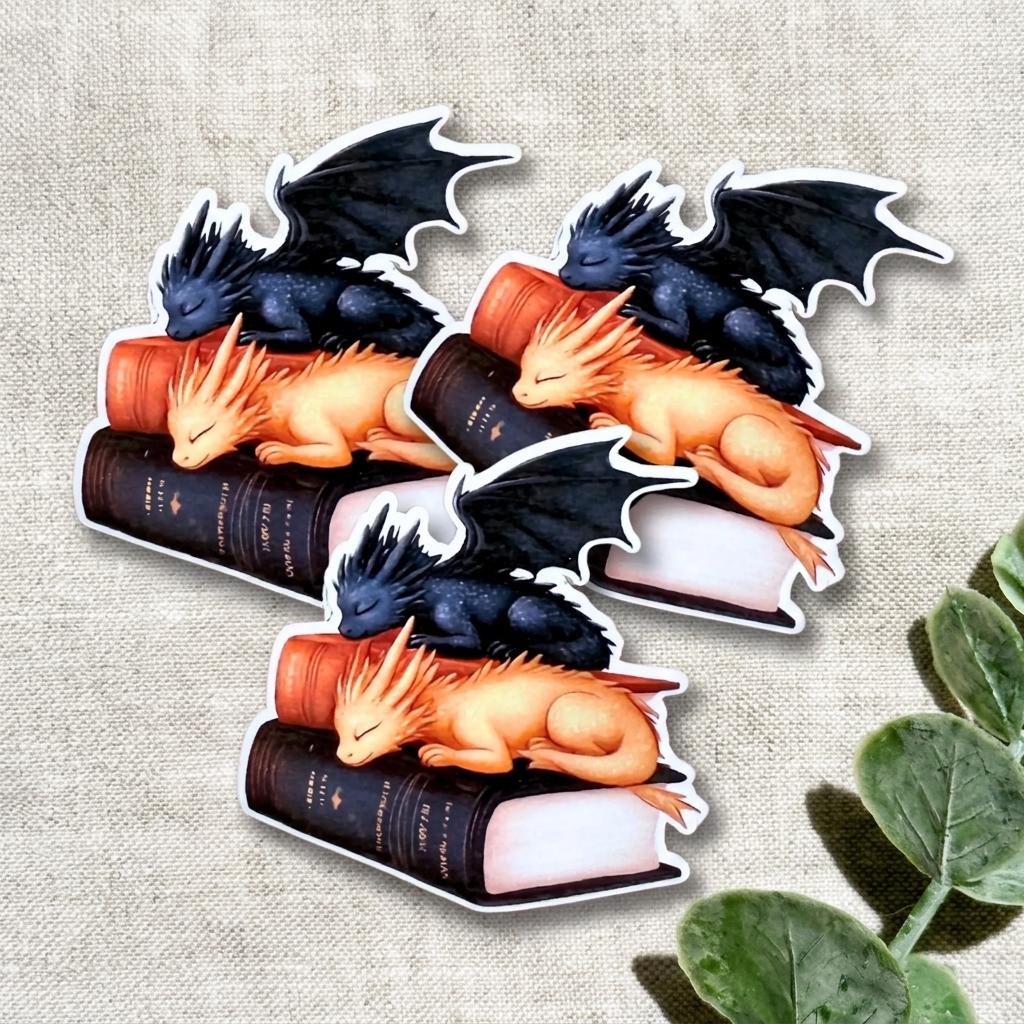 Dragon Book Lover Sticker, Cozy Fantasy Art __etsy:8109702120