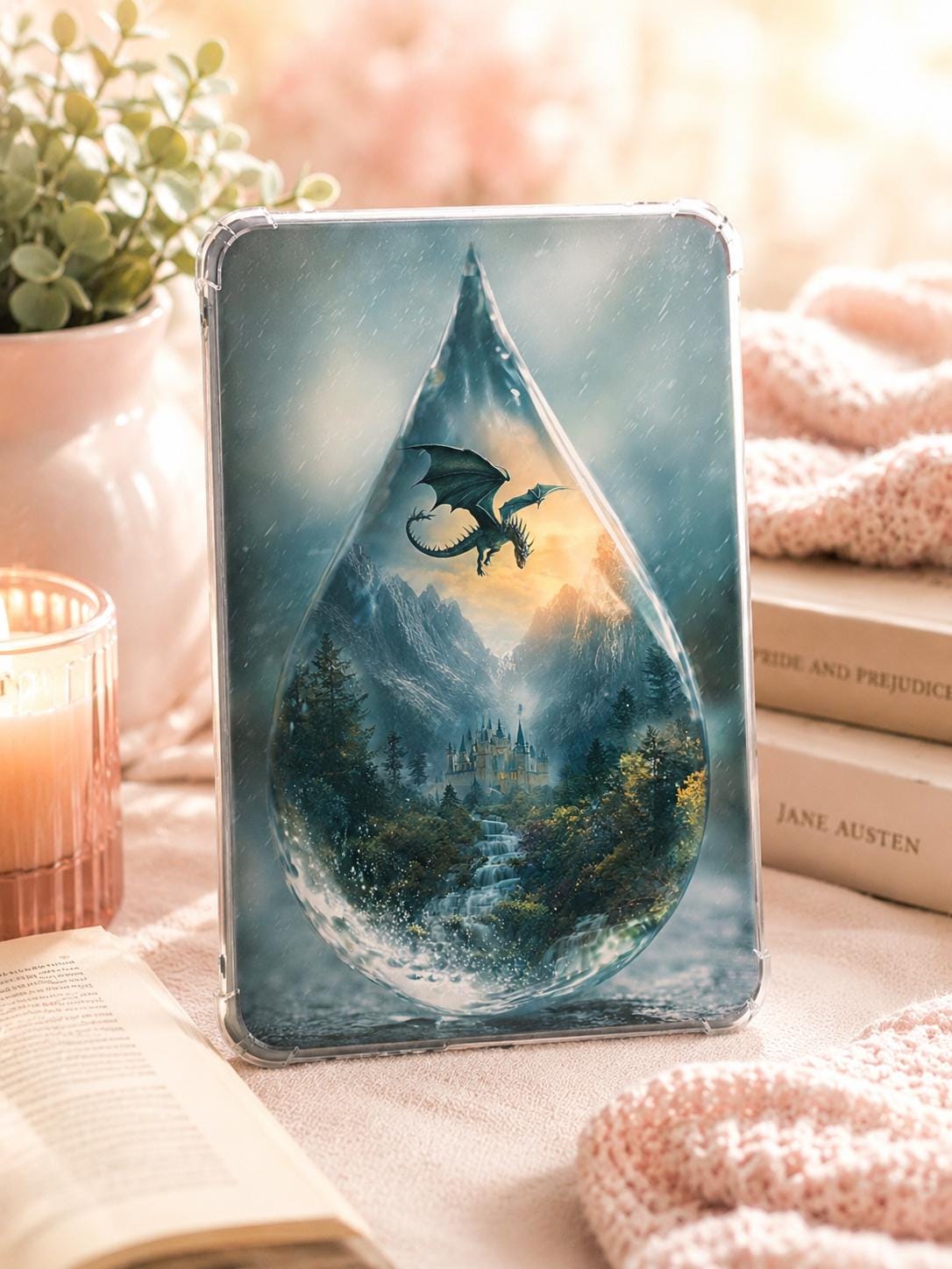 Dragon Raindrop Kindle Insert | Fantasy Castle Wallpaper | Romantasy Reader Digital Download Pack __etsy:8061436253