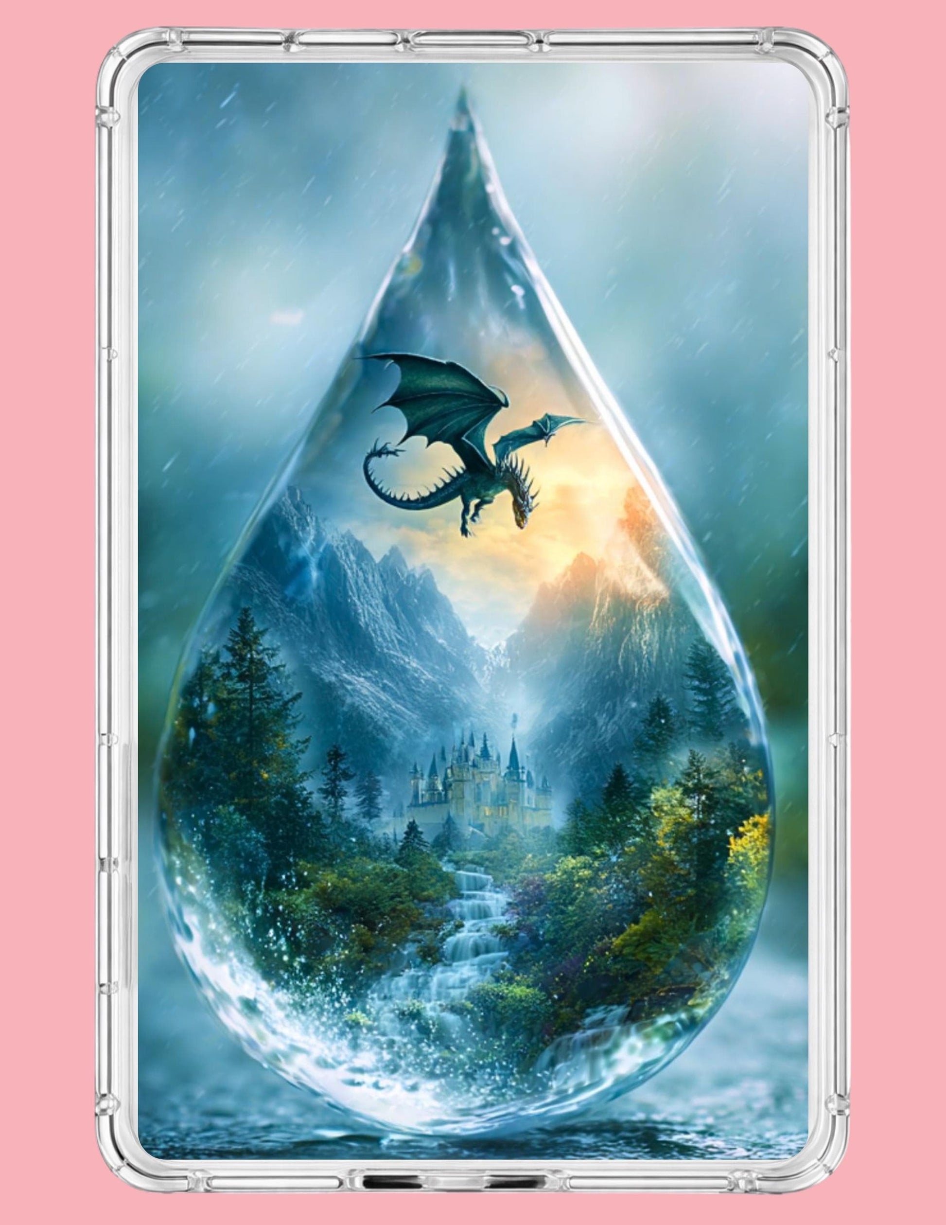 Dragon raindrop kindle wallpaper fantasy castle scene romantasy reader digital download __etsy:8013537678