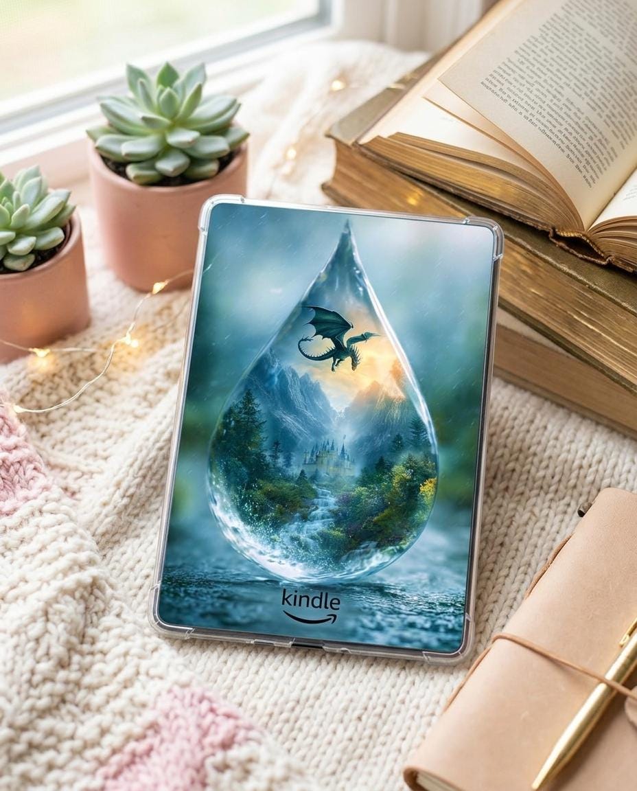 Dragon Raindrop Kindle Insert | Fantasy Castle Wallpaper | Romantasy Reader Digital Download Pack __etsy:8013527100