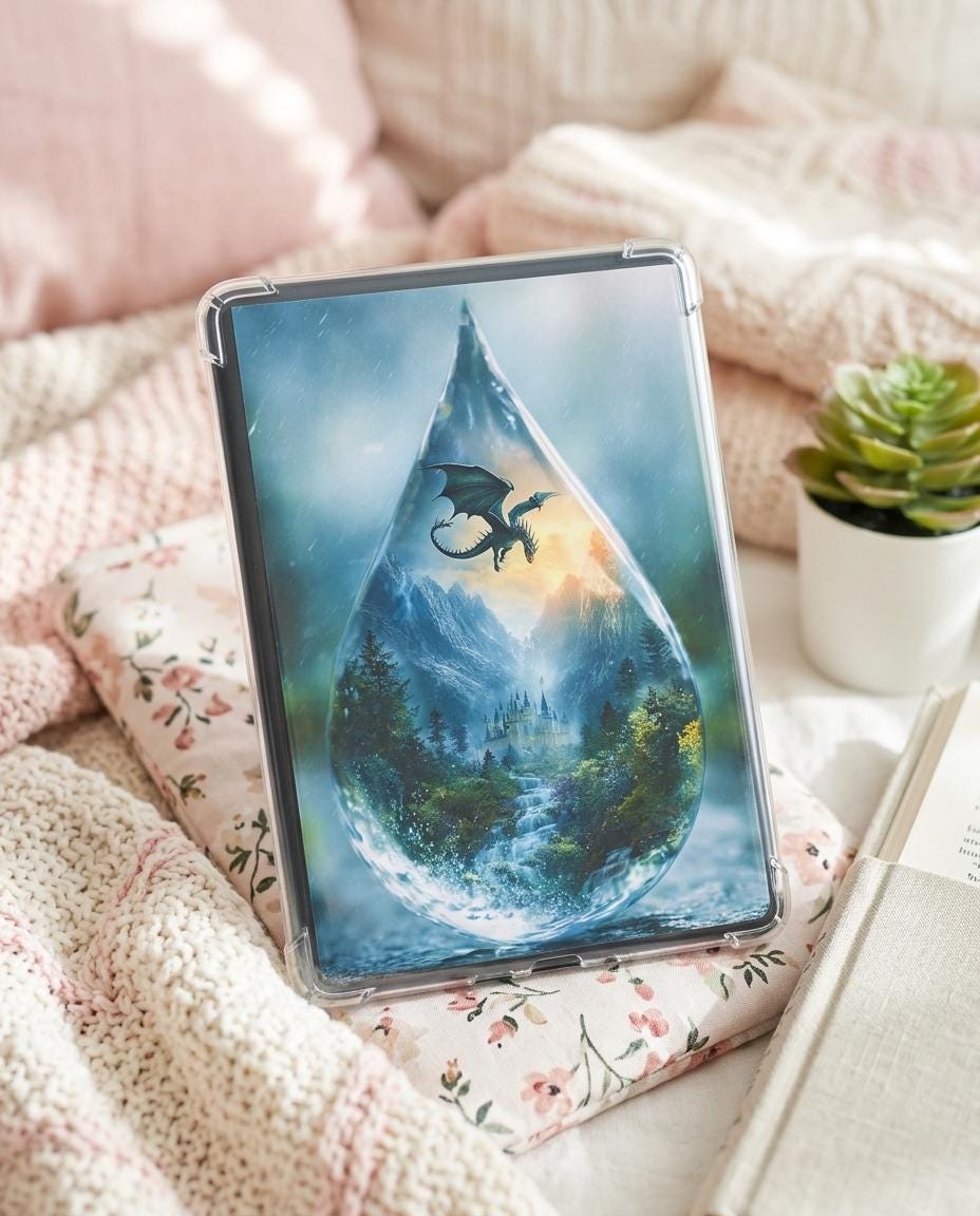 Fantasy dragon and castle in glowing raindrop kindle wallpaper detail __etsy:8061436241