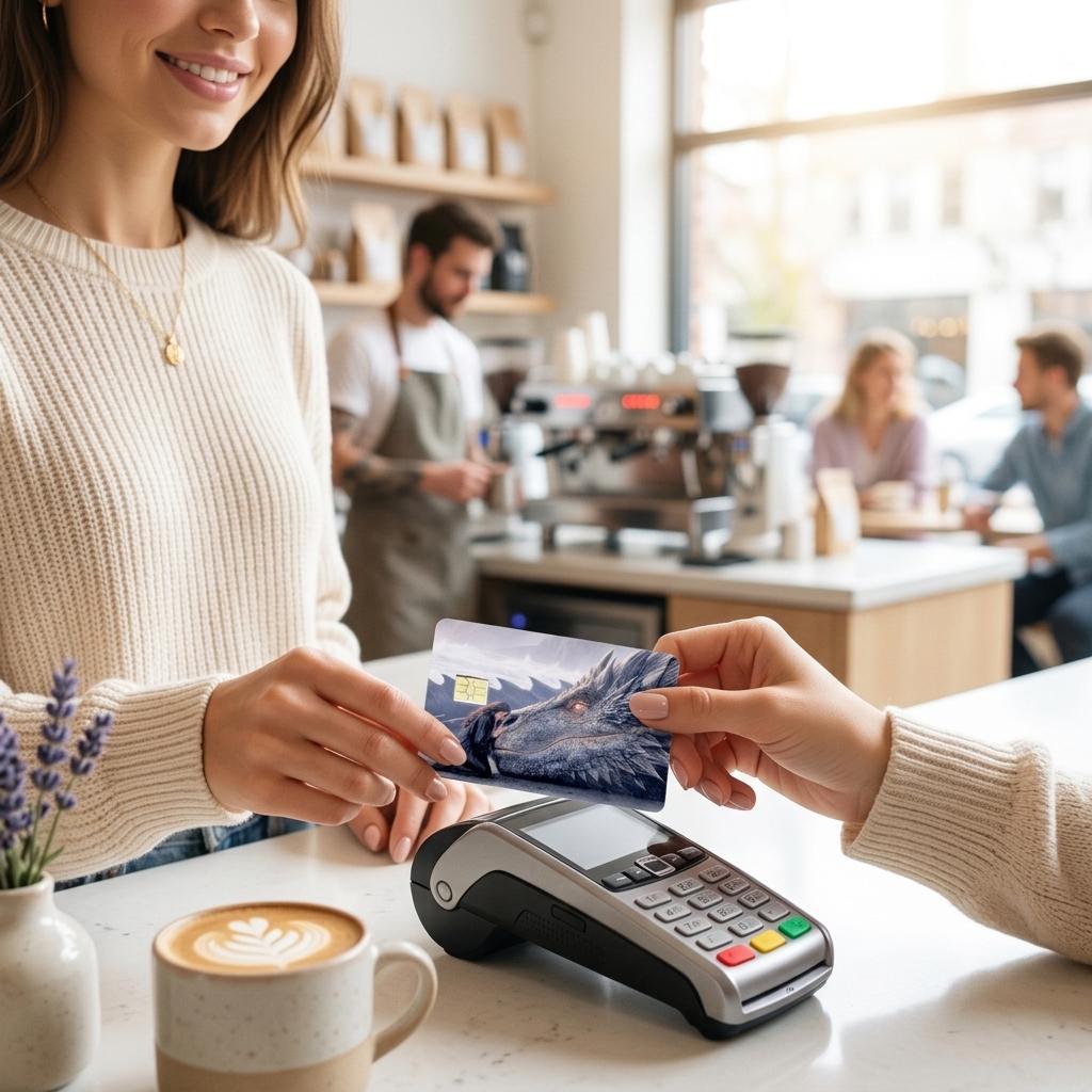 a woman at a coffee shop handing over her debit card skin if a black dragon laying it's head down so a human can rest her head on the dragon made by thestickerera __etsy:8156746575