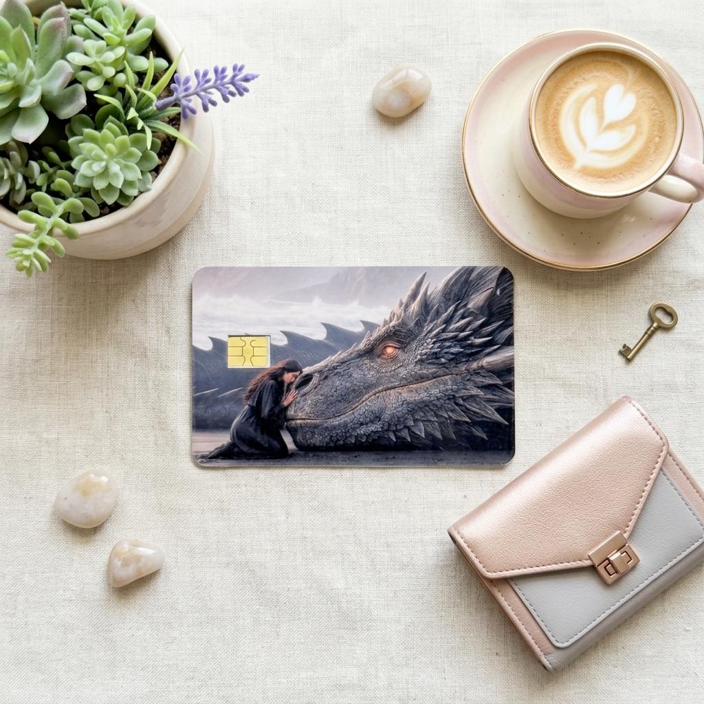a debit card skin of a black dragon laying it's head down so a human can rest her head on the dragon on a cream colored cloth, a small green plant and a pinkish colored wallet on the side. 
and a hot coffee with a small key on the side. 

 made by thestickerera __etsy:8108841146