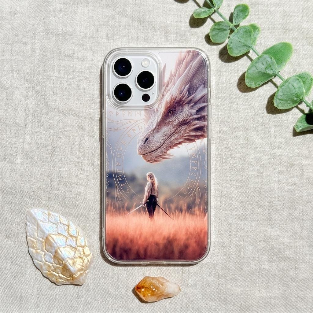 iPhone in a clear case with fantasy dragon art, a silver dragon above a woman in a golden grass field, styled with eucalyptus, an iridescent dragon-scale stone, and an amber crystal on linen. __etsy:8163938755