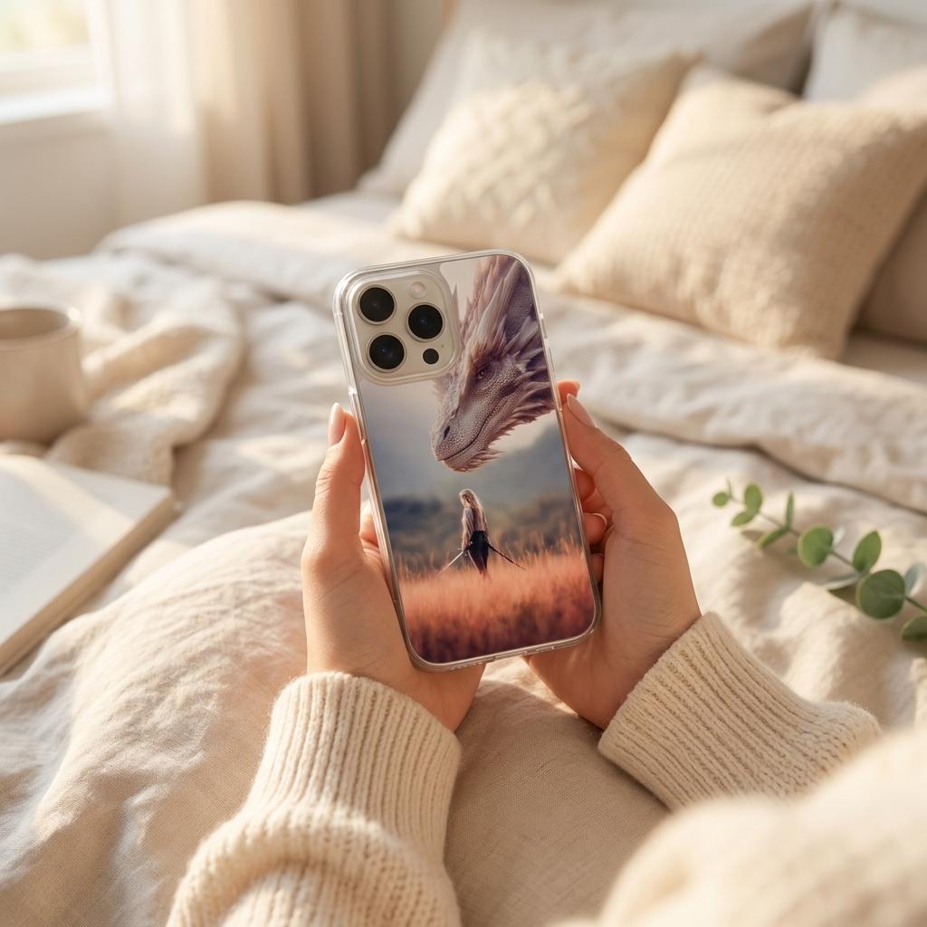 Hands in a cream knit sweater holding an iPhone in a clear case with the fantasy dragon art design, on a cozy bed with cream bedding and a sprig of eucalyptus. __etsy:8163941247