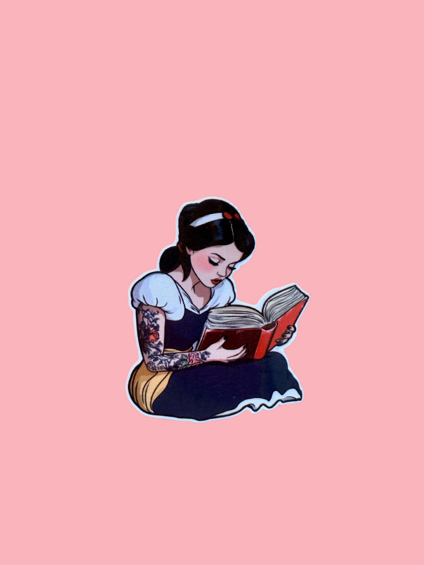 Tattooed Snow White reading a book vinyl sticker – bookish fairytale aesthetic