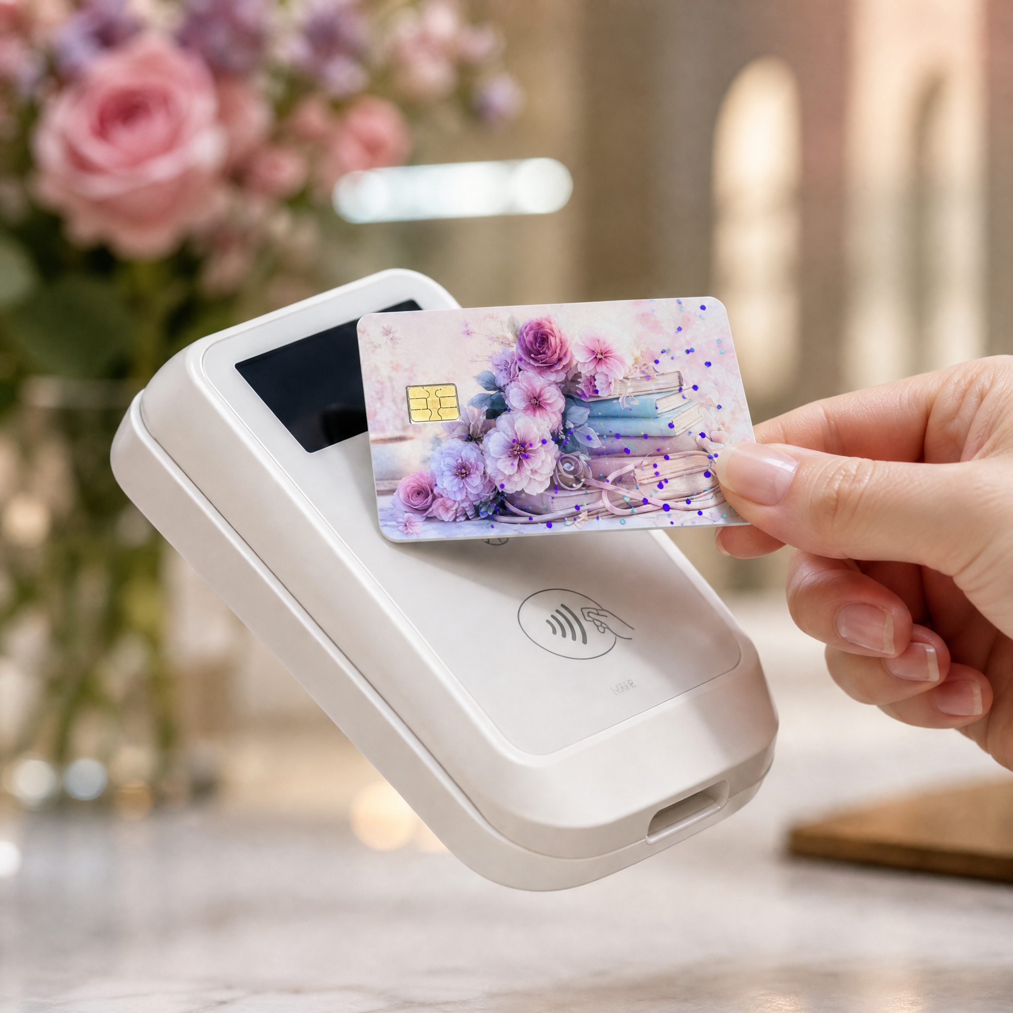 Hand tapping a pastel floral book card skin on a white payment terminal with pink roses in the background by The Sticker Era
