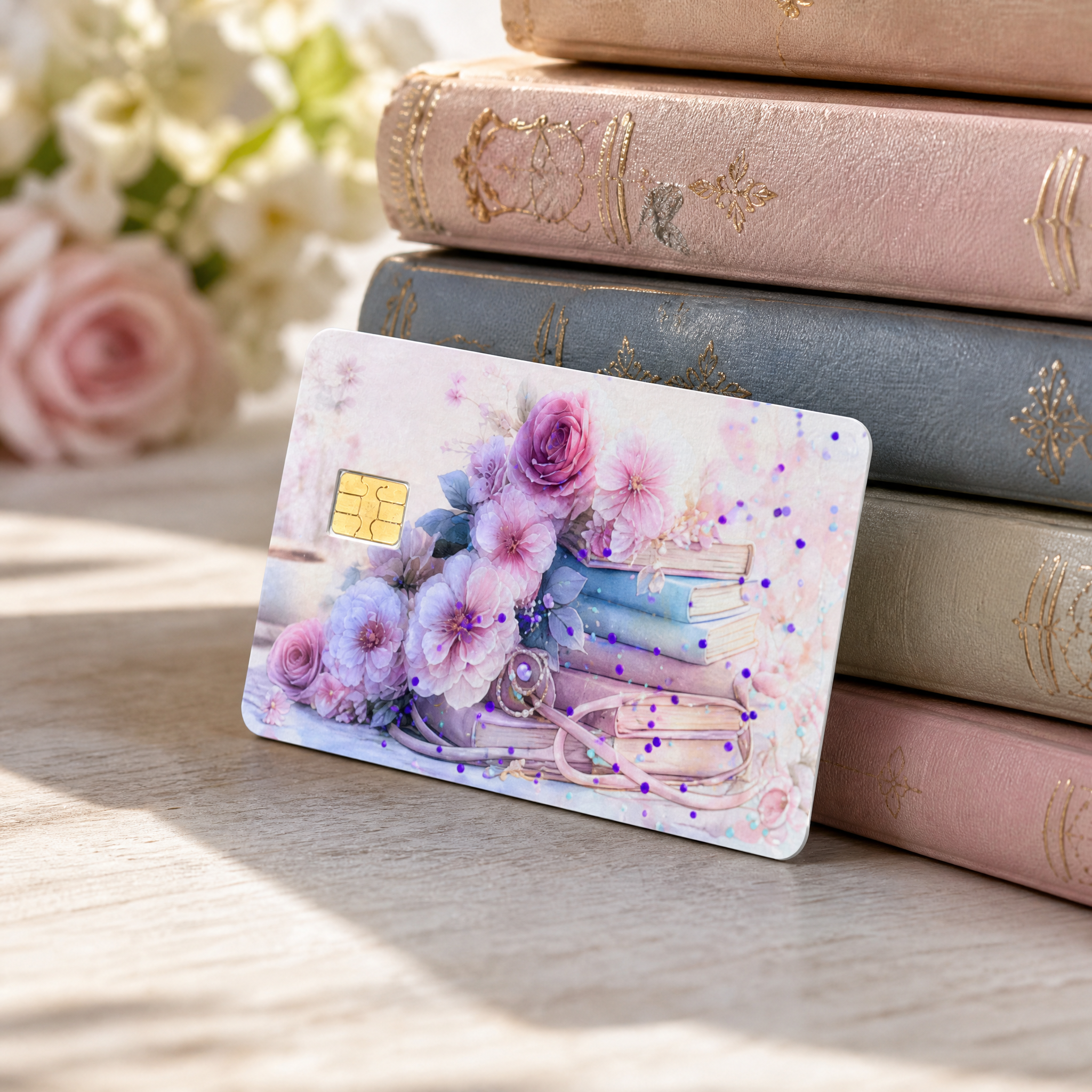 Pastel credit floral book card skin leaning against a stack of vintage books with pink roses in sunlight by The Sticker Era