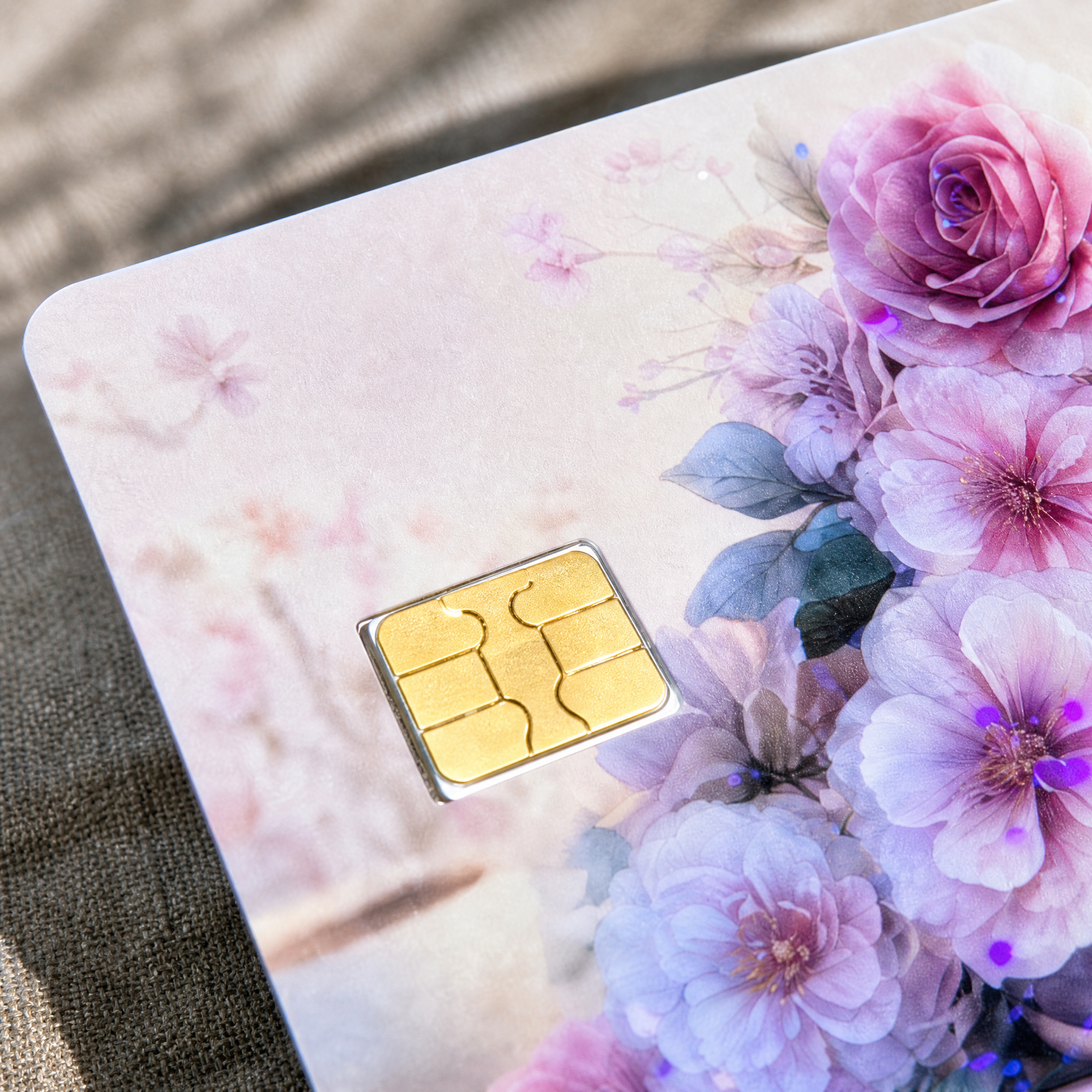 Close-up of the pastel floral book card skin showing the gold chip, roses and dahlias by The Sticker Era