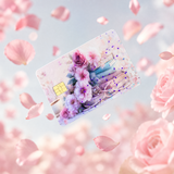 Pastel floral book card skin floating among pink rose petals and blush roses on a soft sky background by The Sticker Era
