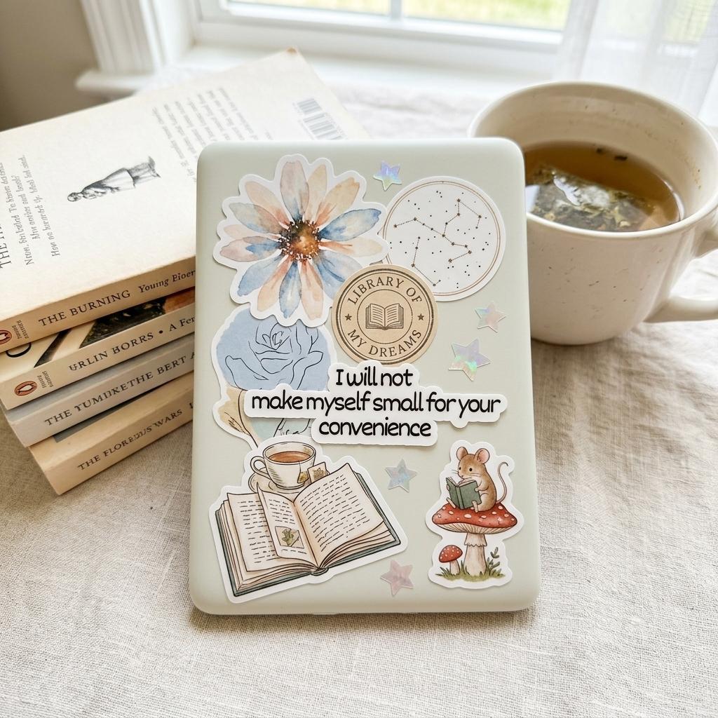 The back of a kindle with stickers showing the one that says I will not make myself myself small for your convenience __etsy:8133823298