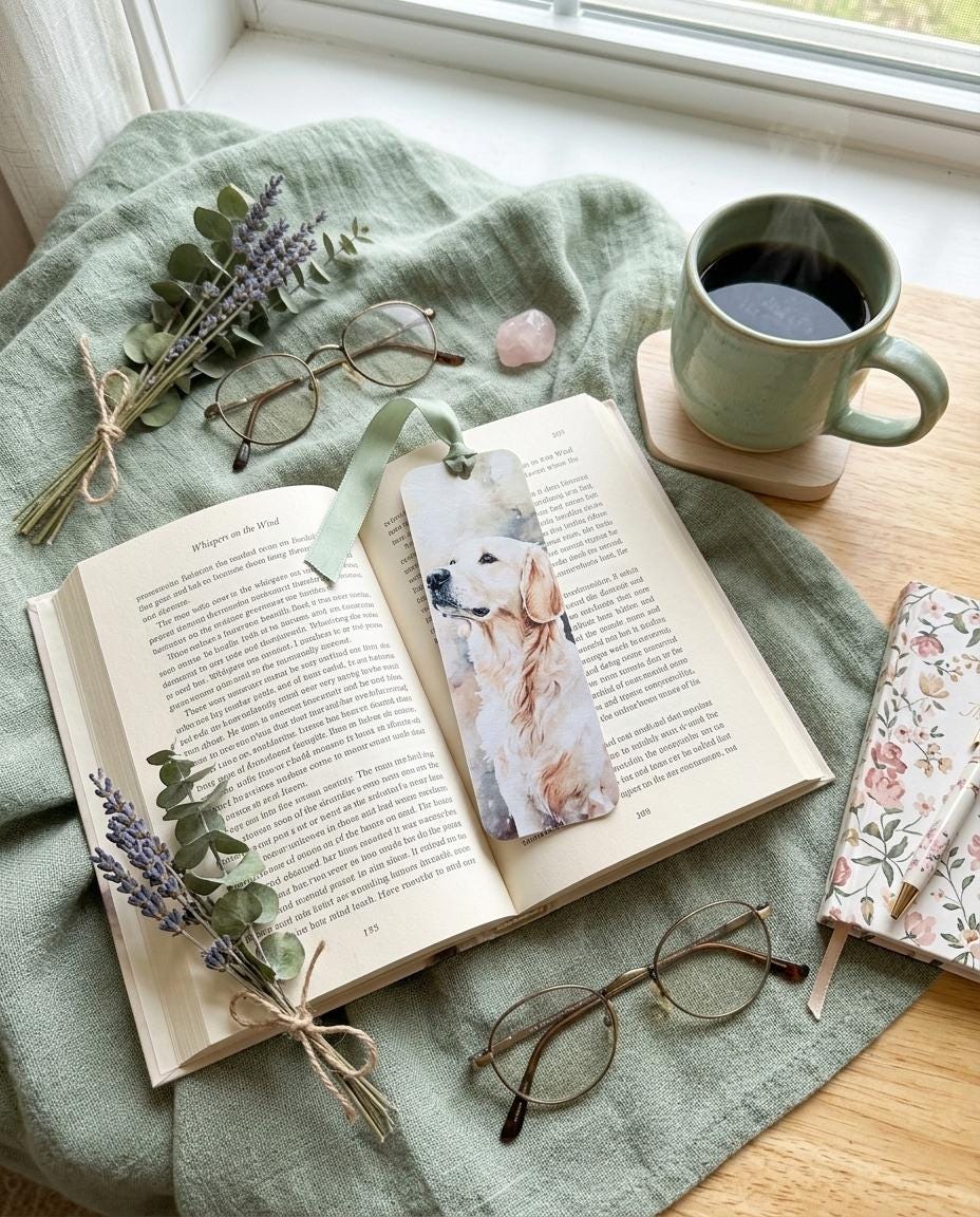 An English Cream Golden Retriever watercolor bookmark with a green ribbon resting in an open book, surrounded by lavender, eucalyptus, reading glasses, and a cup of coffee on a sage linen cloth. __etsy:8133771660