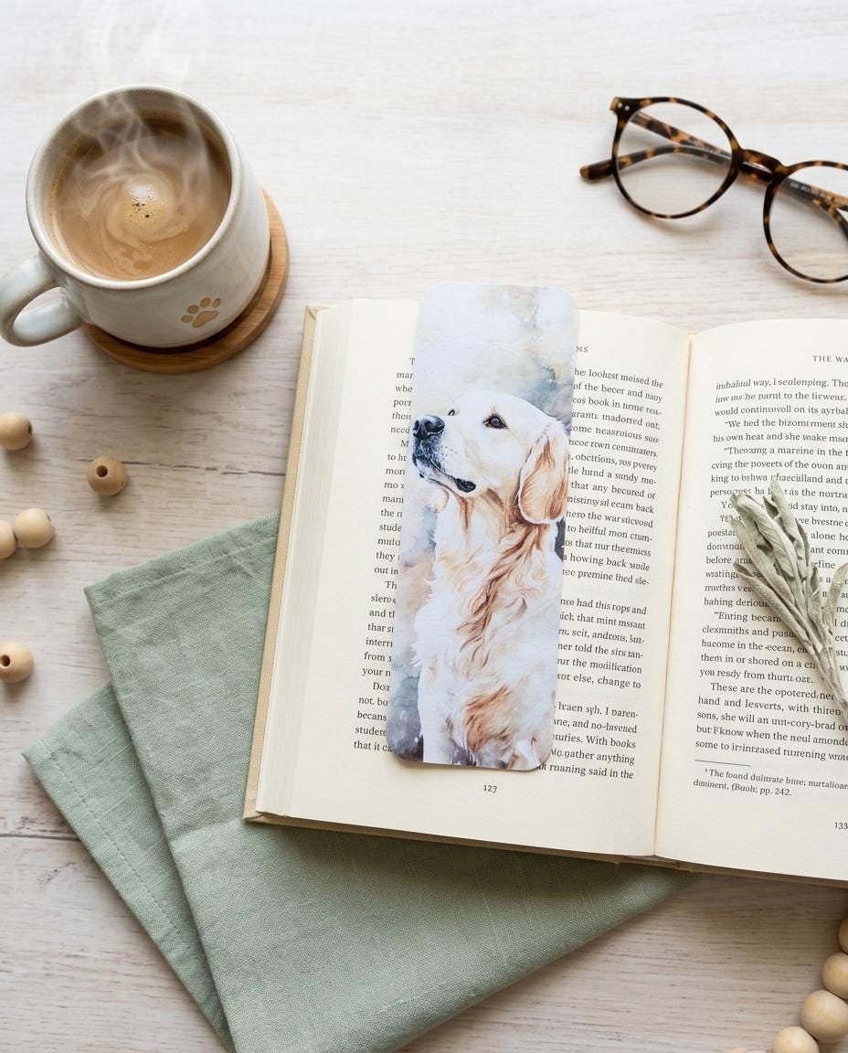 An English Cream Golden Retriever watercolor bookmark in an open book, with a latte in a paw-print mug, tortoiseshell reading glasses, rosemary, and folded sage linen on a wooden surface. __etsy:8133771694