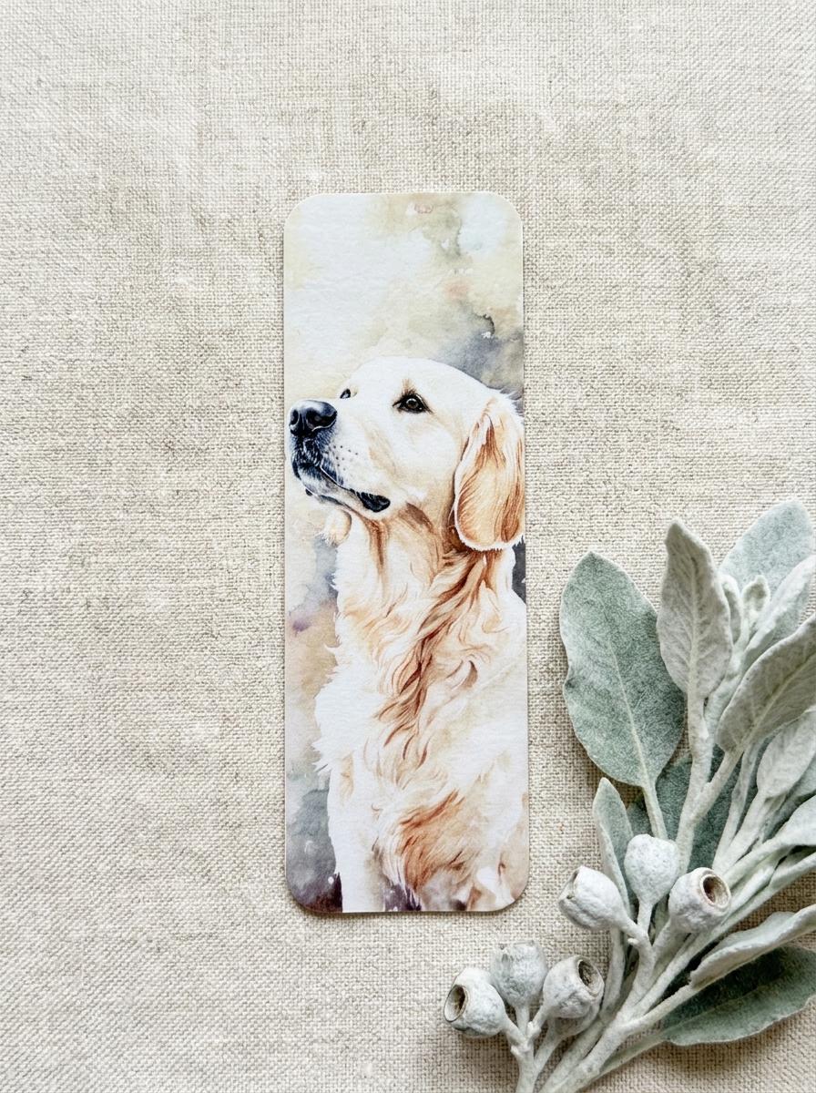 Close-up of a single English Cream Golden Retriever watercolor bookmark on a beige linen background, with soft greenery and flower buds beside it. __etsy:8133771704