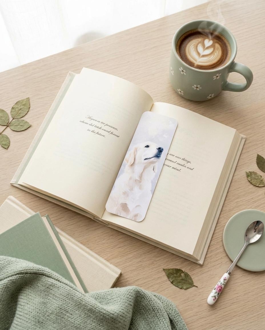 An English Cream Golden Retriever watercolor bookmark resting in an open book, with a latte in a floral mug, a spoon, sage green books, a knit blanket, and scattered leaves on a wooden table. __etsy:8133776152
