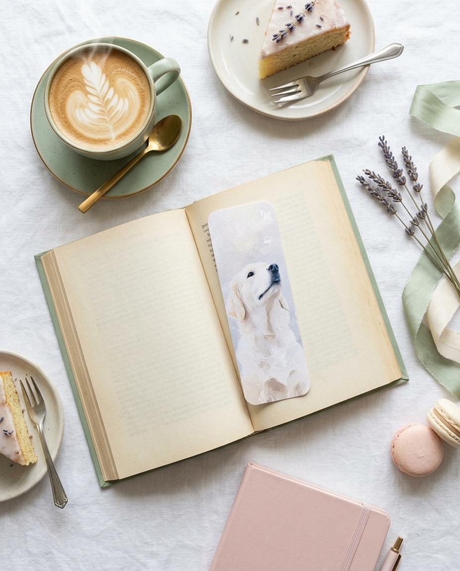 An English Cream Golden Retriever watercolor bookmark in an open book, with a latte, a slice of cake, macarons, lavender, a green ribbon, and a pink notebook on a white linen surface. __etsy:8133776162