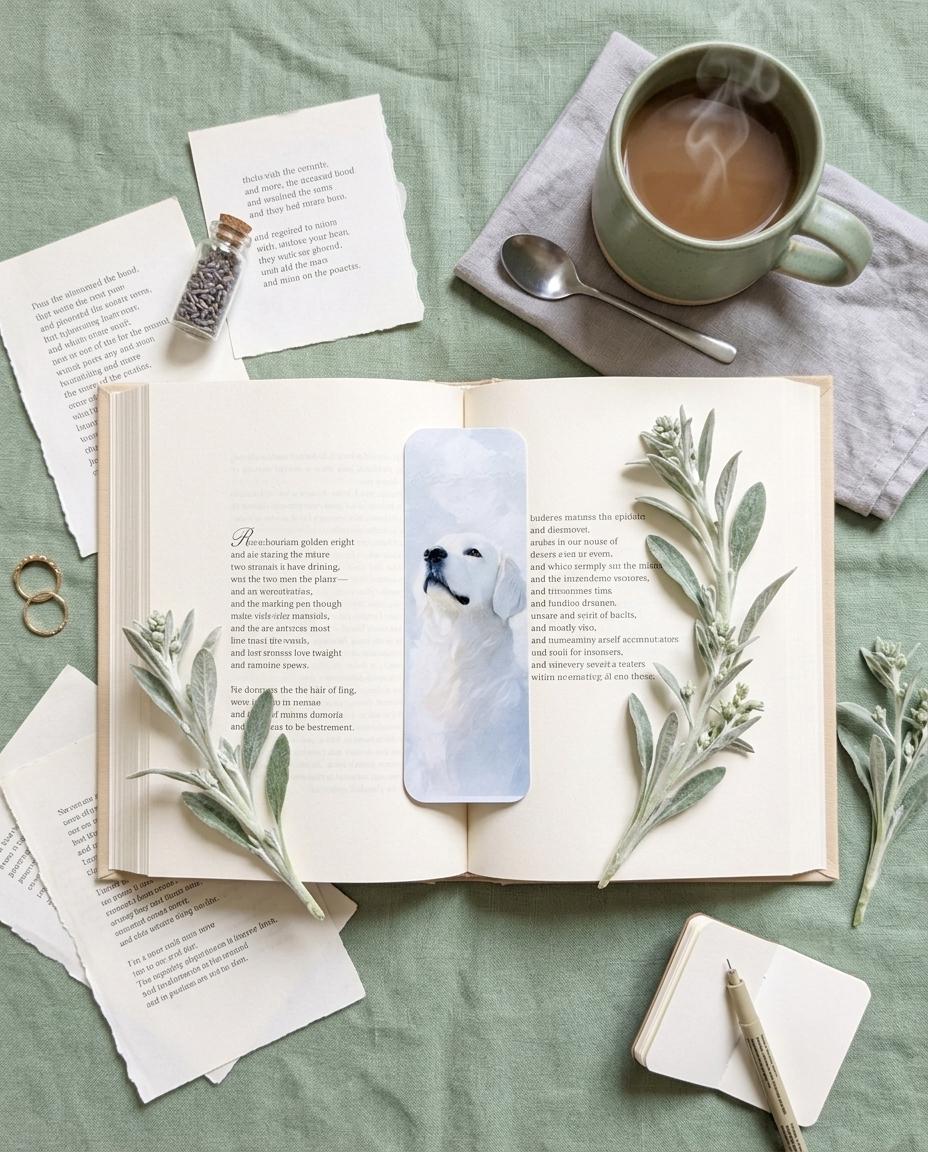 An English Cream Golden Retriever watercolor bookmark in an open book, surrounded by sage sprigs, loose book pages, a cup of tea, a spoon, and a notebook on a green linen surface. __etsy:8181674227