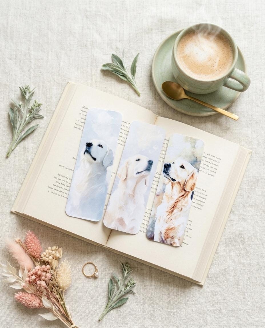 Three English Cream Golden Retriever watercolor bookmarks displayed on an open book, with a latte, gold spoon, and dried flowers on a linen background. __etsy:8133782740
