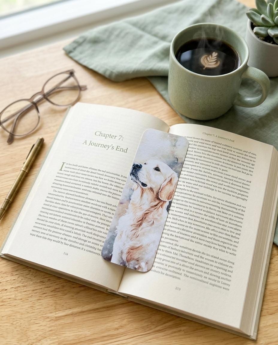 An English Cream Golden Retriever watercolor bookmark in an open book, with reading glasses, a gold pen, and a cup of coffee on a wooden table. __etsy:8181669801