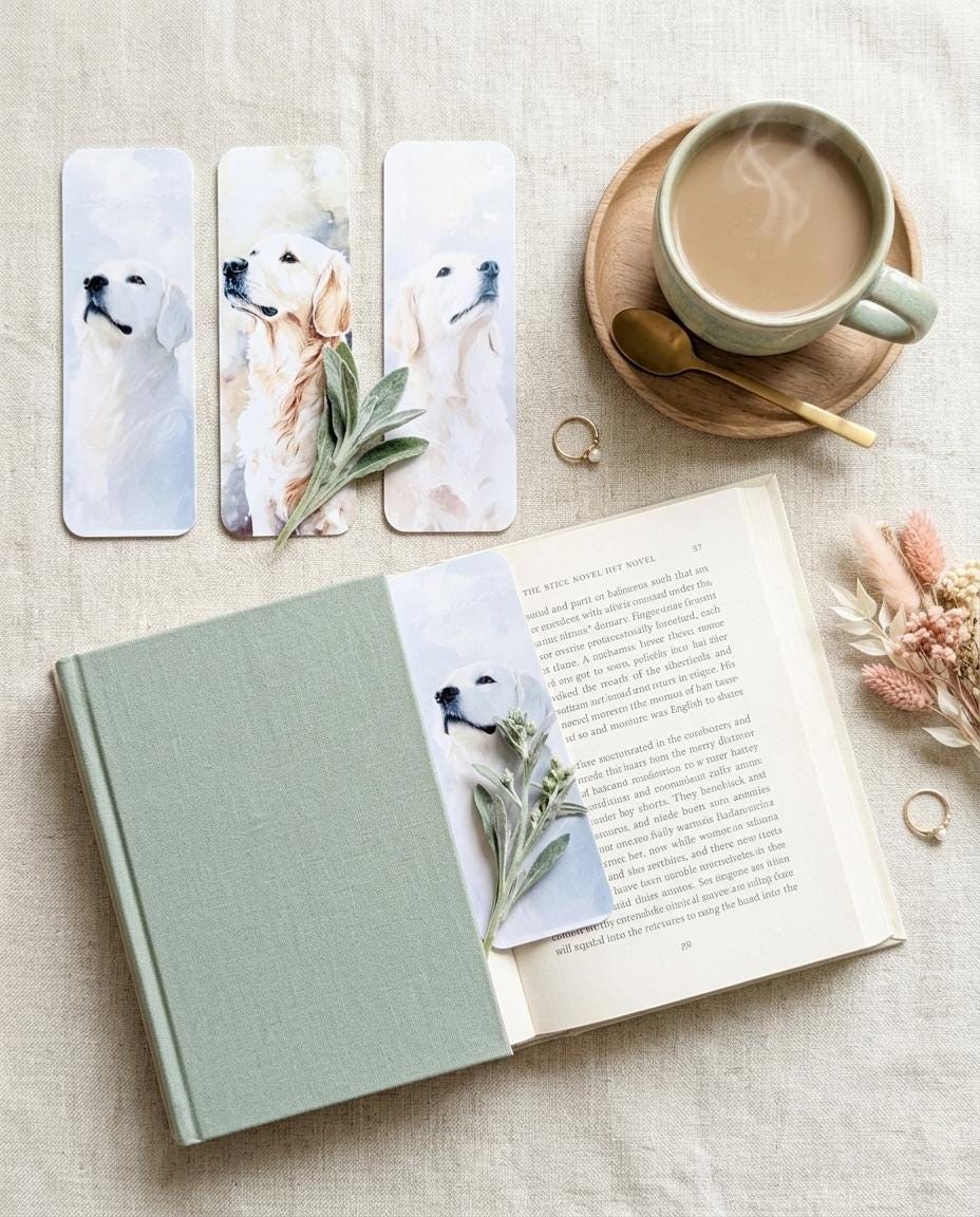 Three English Cream Golden Retriever watercolor bookmarks displayed above an open book with a sage green cover, alongside a latte, gold spoon, and dried flowers on a linen surface. __etsy:8181681141