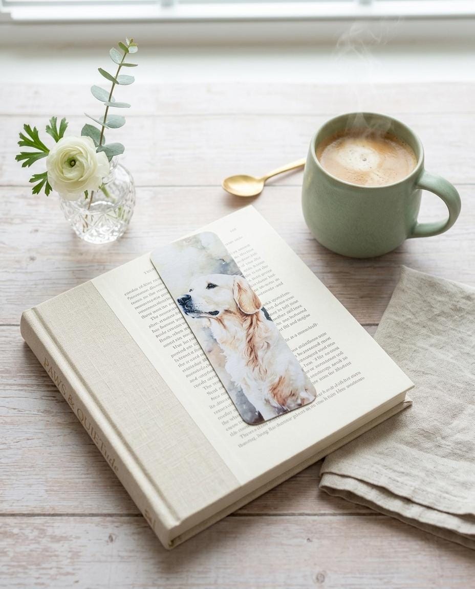 An English Cream Golden Retriever watercolor bookmark resting on a closed book, with a white ranunculus in a vase, eucalyptus, a gold spoon, a latte, and a linen napkin on a white wood surface. __etsy:8133771632