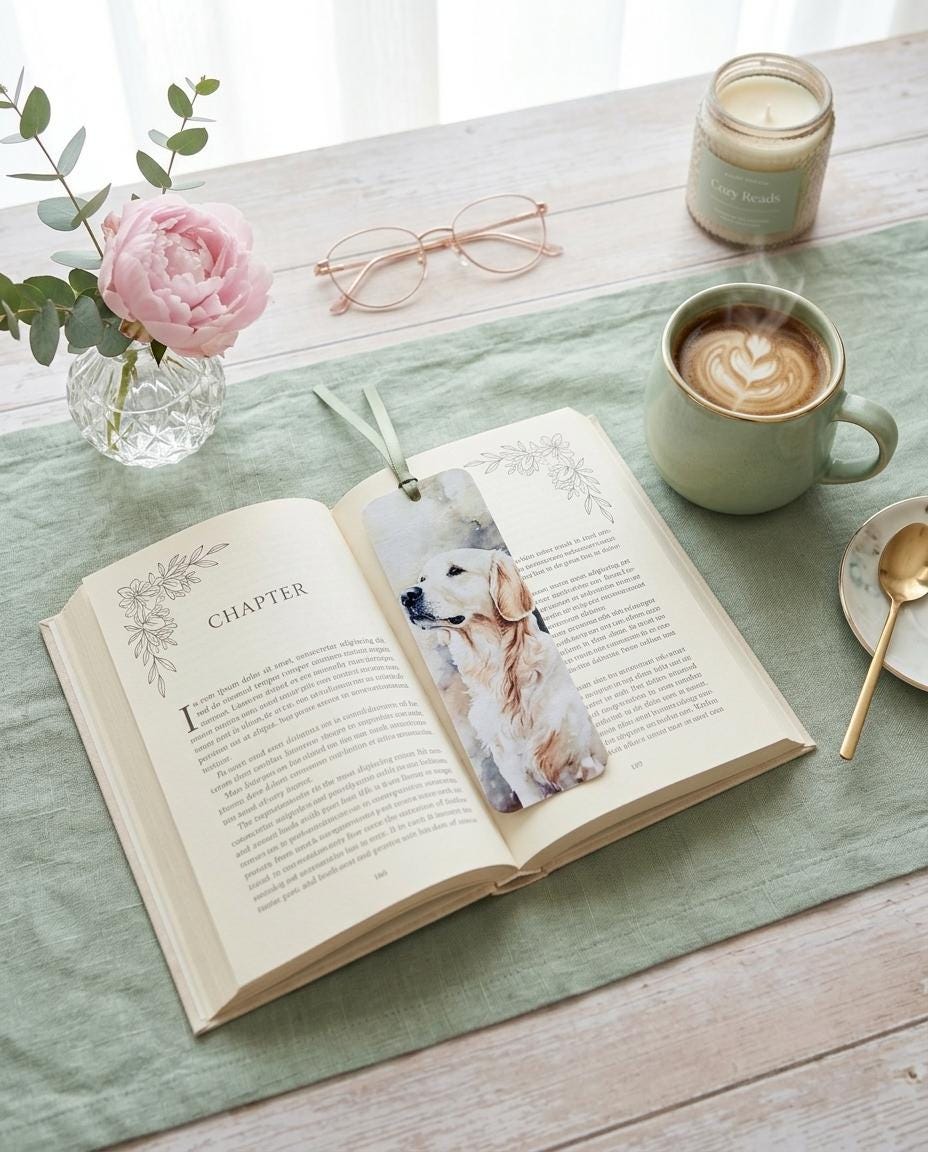 A single English Cream Golden Retriever watercolor bookmark resting in an open book, with a pink peony in a vase, reading glasses, a latte, and a candle on a green linen surface. __etsy:8133771640