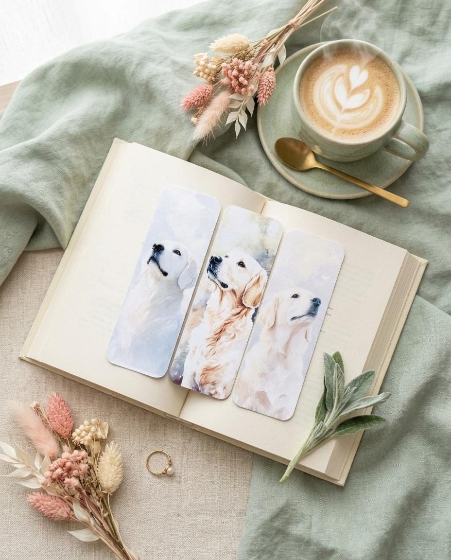Three English Cream Golden Retriever watercolor bookmarks arranged on an open book, with a latte, gold spoon, and dried flowers on a sage green linen background. __etsy:8133782744