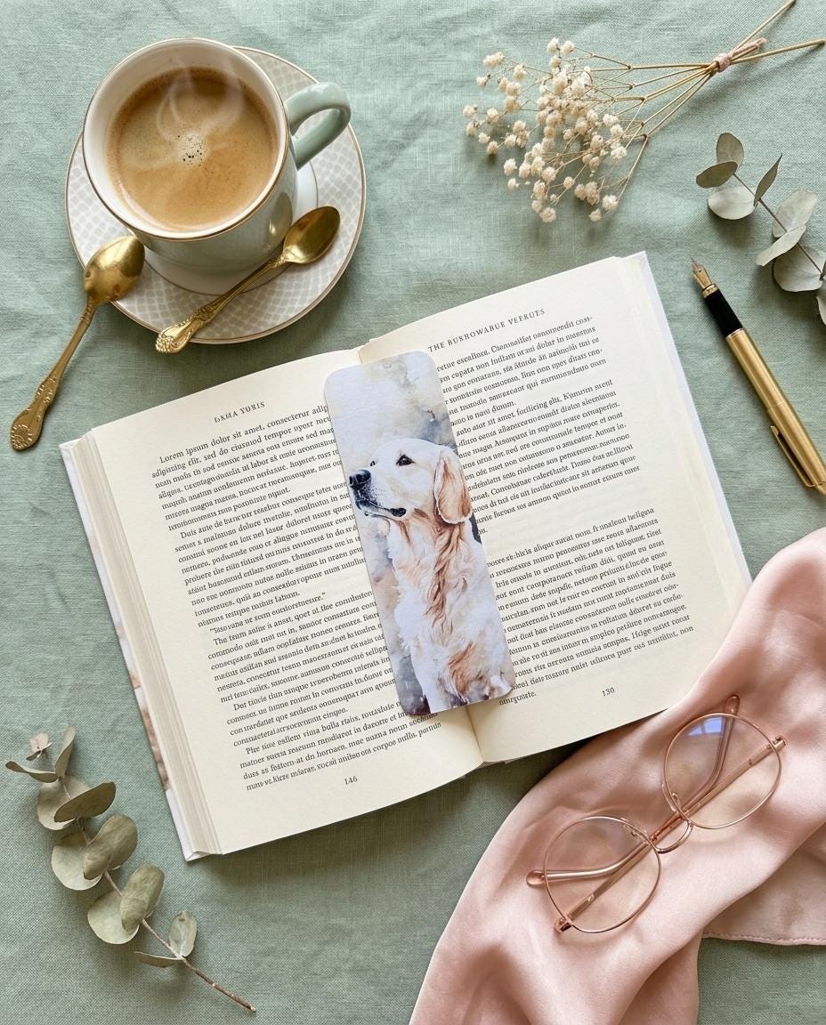 A single English Cream Golden Retriever watercolor bookmark on an open book, with a latte, gold spoons, eucalyptus, reading glasses, and a soft pink cloth on a sage linen background. __etsy:8181669817