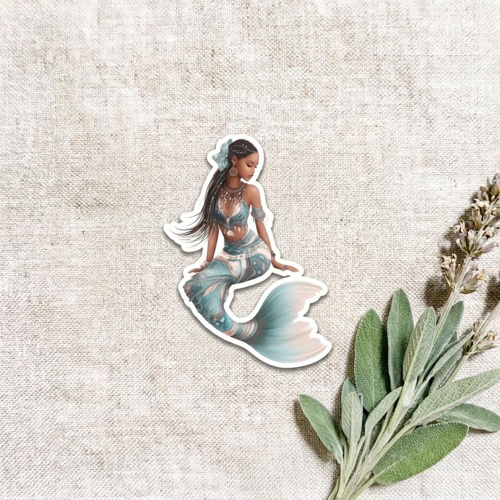 Ethiopian mermaid vinyl sticker featuring a Black African goddess with braided hair and a teal fish tail, displayed on a natural linen background with sage leaves and dried lavender. __etsy:8182127989