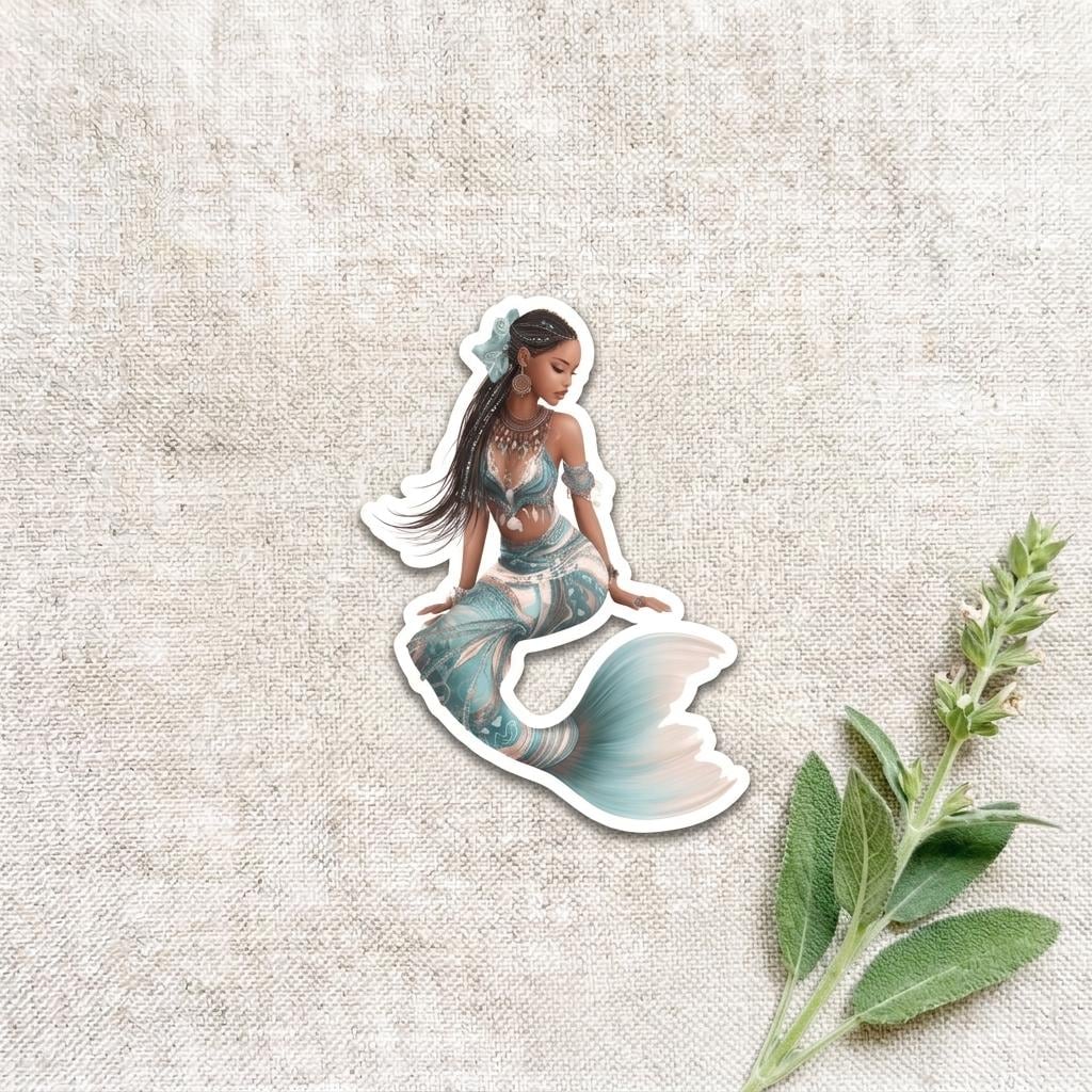 Close-up of the Ethiopian mermaid sticker showing a Black African goddess with long braided hair, beaded jewelry and a flowing teal and peach fish tail, on a linen background beside a sage sprig. __etsy:8134228374