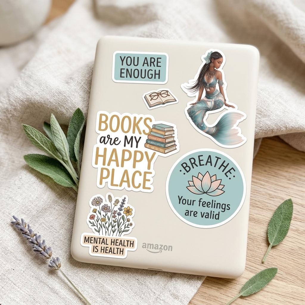 A laptop decorated with the Ethiopian mermaid sticker alongside mental-health themed stickers reading 'You are enough', 'Books are my happy place' and 'Breathe, your feelings are valid', styled with sage and lavender. __etsy:8182127975