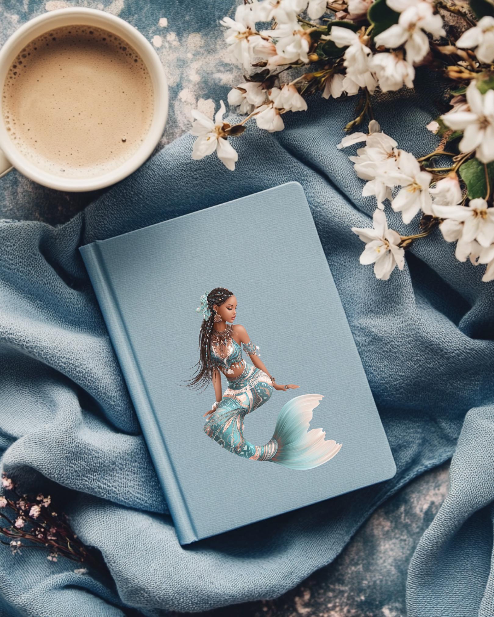 A light blue hardcover journal decorated with the Ethiopian mermaid sticker, styled on a blue cloth with a cup of coffee and white blossoms. __etsy:7725789903