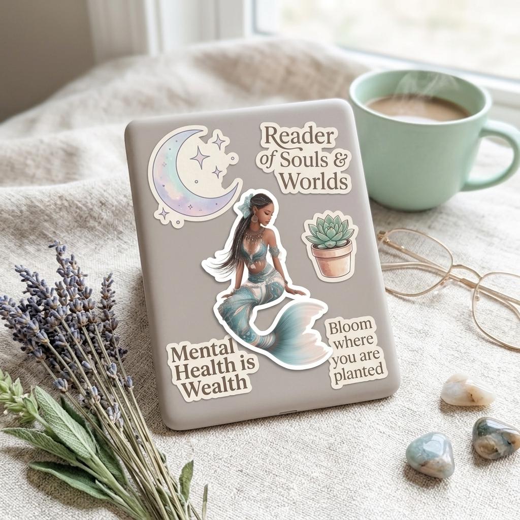 An e-reader decorated with the Ethiopian mermaid sticker and bookish, mental-health themed stickers reading 'Reader of Souls & Worlds', 'Mental Health is Wealth' and 'Bloom where you are planted', styled with lavender, glasses, a mug and crystals. __etsy:8134228360